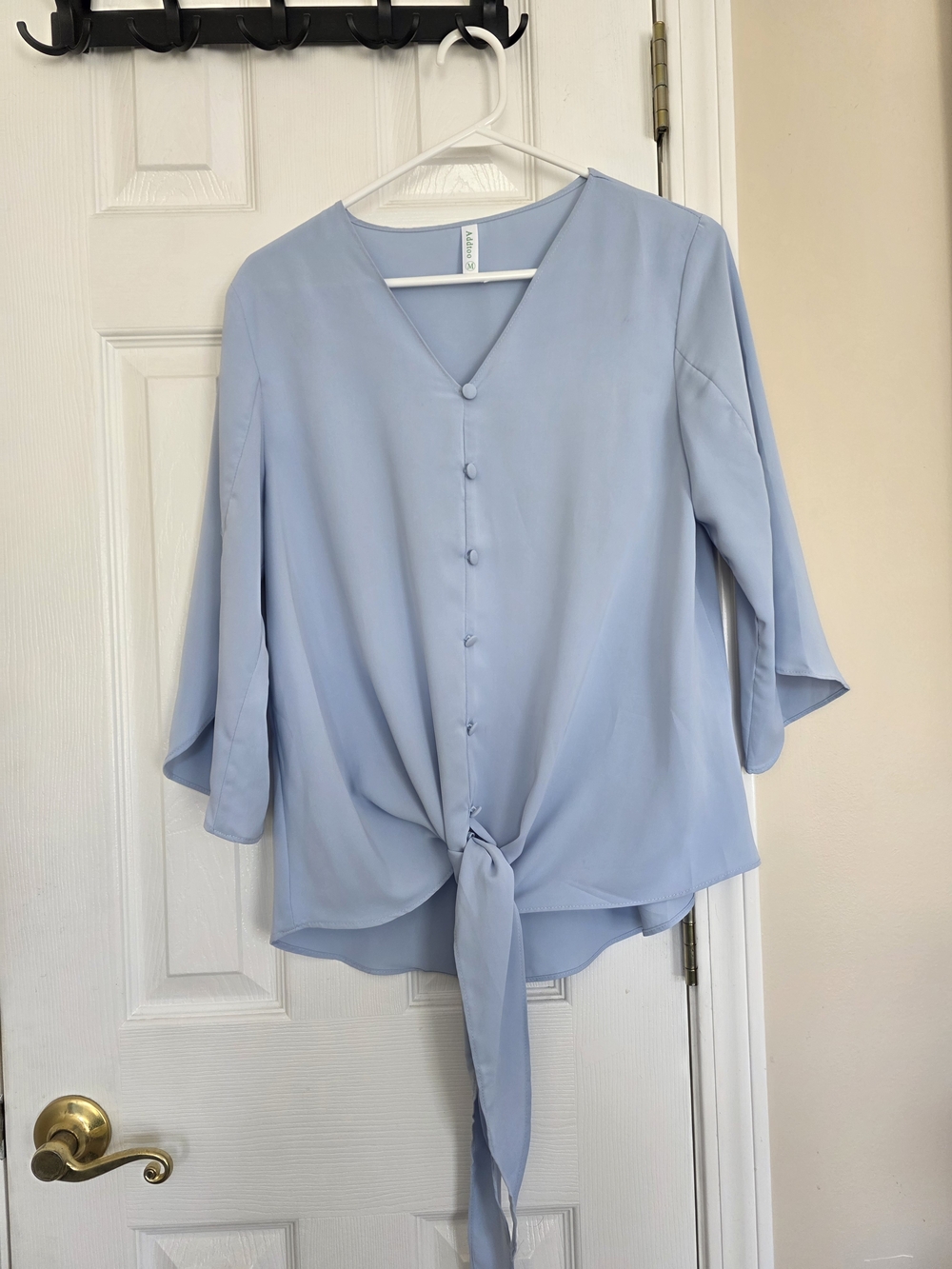 Light Blue Tie-Front V-Neck Blouse